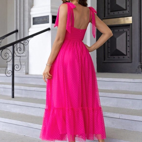 Pink Casual Womens Tie Shoulder Ruched Bust Ruffle Hem Mesh Overlay Cami Dress - Picture 2 of 5